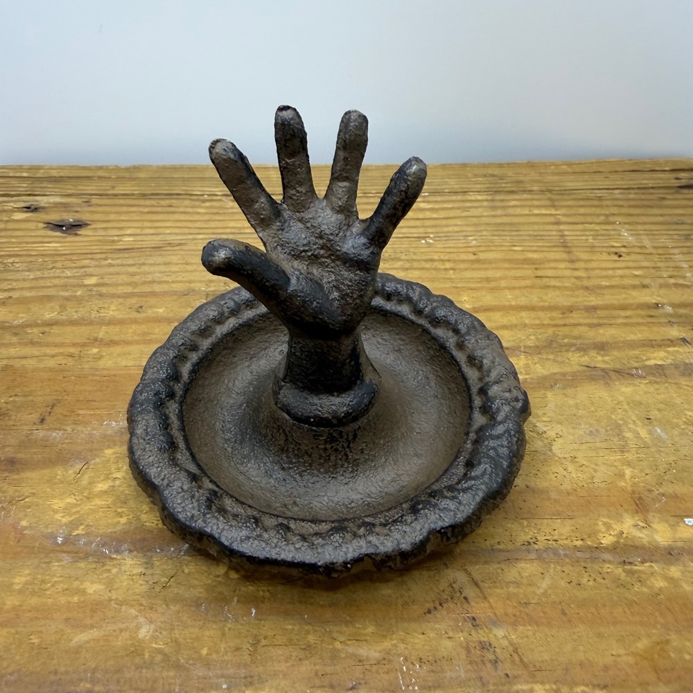 Cast Iron Hand Ring Holder Jewelry Dish Rustic Trinket Tray Dark Brown Decor